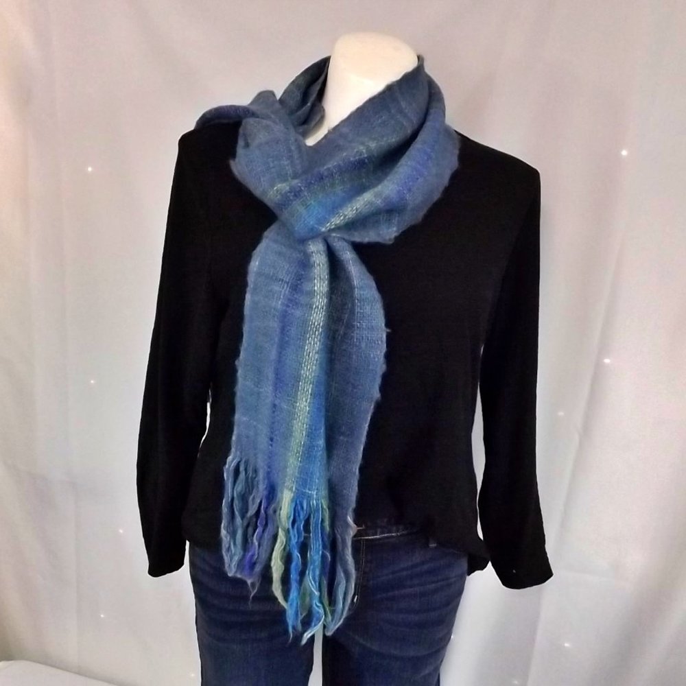 Vintage Manos Del Uruguay Blue, Green & Gray Handmade Wool Scarf